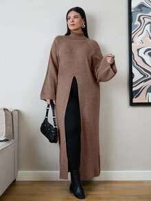 EURMUSE Fashion Maxi Sweater With Tie Detail, Solid Color Suitable For Summer - Camel - View 1