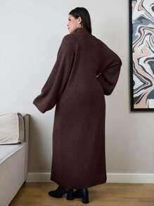 EURMUSE Plus Size Women's Solid Color High Neck Raglan Sleeve Split Hem Long Sweater - Brown - View 2