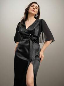 SHEIN Clasi Khăn choàng satin thanh lịch, váy midi bó eo trang trí ngọc trai taffeta cho phụ nữ ngoại cỡ, váy dự tiệc cưới mùa hè - màu đen - Xem 6