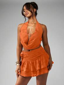 MISSGUIDED Minifalda de gasa de terciopelo con cintura fruncida y volantes con volantes para fiestas, salidas nocturnas, festivales de verano y ocasiones especiales - Naranja - Ver 3