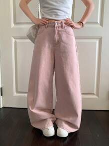 Livesso Women's Summer Washed Casual Loose Wide Leg Jeans - Baby Pink - View 6