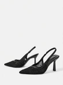 CUCCOO HITCHD 尖头蕾丝网眼优雅婚礼派对高跟露跟女鞋 - 黑色 - 查看 7