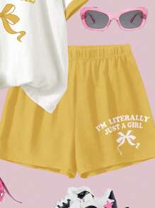 SHEIN Leap Crew Bộ 2 món áo ngắn tay tối giản thường ngày và quần short cho bé gái tuổi teen, phù hợp cho mùa hè - Nhiều màu - Xem 4