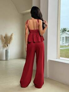 Comfortcana 夏季亚麻栗色背心和长裤套装 - 玫瑰紅 - 查看 5