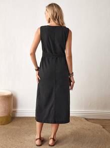 SHEIN LUNE Women's Solid Color Simplistic Casual Sleeveless Denim Dress - Grey - View 2