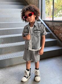Conjunto de 2 piezas para niño pequeño de camisa negra casual y cómoda, y pantalones cortos de mezclilla de corte holgado, look urbano y cool, conjunto básico y versátil para usar en interior/exterior, ropa de ocio para niños en primavera y verano