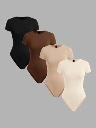 SHEIN BASICS 4pcs/Set Casual Solid Color Knitted Round Neck Short Sleeve Bodysuit For Women