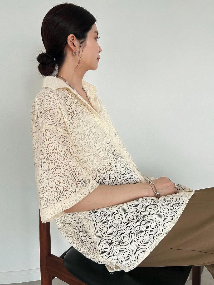 FRIFUL 女式夏季碎花蕾丝落肩单排扣休闲衬衫 - 杏色 - 查看 1