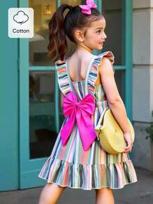 Vestido de verano casual y dulce de estilo princesa para niñas y niñas jóvenes, con cuello cuadrado, mangas cortas, tela a rayas multicolor y gran lazo decorativo en la falda - Multicolor - Ver 4