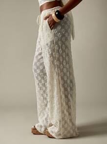 MISSGUIDED Pantalon large en dentelle bohème pour tenue de plage, mariage, détente, avec poches. Idéal pour festival, lune de miel, vacances - Blanc - Voir 5