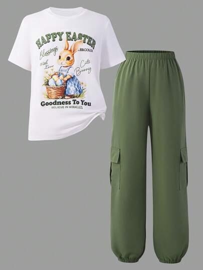 SHEIN Explorewe 复活节少女休闲运动时尚兔子印花短袖T恤和轻便工装裤套装，适合夏季年轻女孩穿着