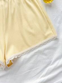 Teenager Mädchen Spitzen Schleifen Besatz geripptes Trägerhemd, bequeme Stretch, kombinierbar mit tief sitzenden Shorts, geeignet für Frühling und Sommer, cool, Basic, täglich, vielseitig, Sport Mode Sommer Oberteile, Schulanfang Saison, Schuluniformen
