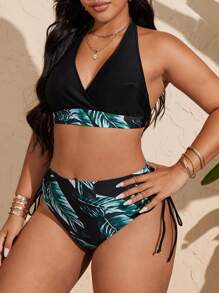 Swim Vcay Set de bikini con estampado de hojas tropicales, con tirantes atados al cuello y cordones cruzados en el pecho, para tallas grandes, nuevo lanzamiento 2025, estilo europeo y americano