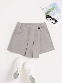 Sweetra Pantaloncini da donna di moda in stile retrò francese, con design asimmetrico, vita arricciolata, vestibilità slim, tinta unita - Grigio Chiaro - Visualizzare 2