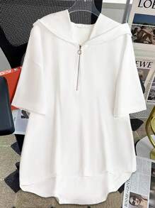 SHEIN Unity Elegant Short Sleeve Hooded Loose T-Shirt For Women, Casual White Sweatshirt Tops For Summer Graduation,Back To School Outfits,Graduation,Teacher Outfits For Women,Back To School Pullover Fall Outfit