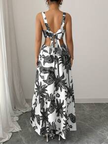 Elenzga 2025 New Fashion Print Square Collar Belt Hollow Back Tie Up Casual Vacation Sleeveless Dress, Bohemian Music Festival, Summer - Black and White - View 3