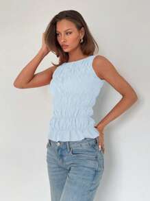 Roylia Women's Crew Neck Pleated Solid Color Ruched Hem Tank Top - Baby Blue - View 4