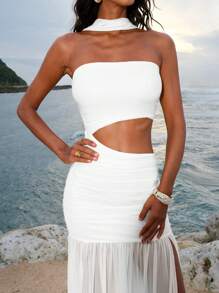 Solid Color Knit Cutout Design Fitted Slit Dress For Women - White - View 8