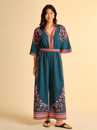 CAJUNI Vacation Casual Tropical Floral Print, V-Neck Backless Straight Loose Long Sleeve Maxi Jumpsuit For Women, Olive Green