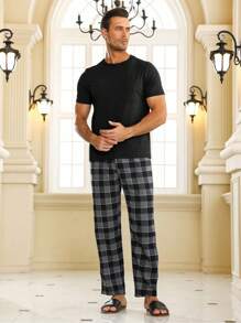 Men Solid Tee & Gingham Print Pants PJ Set / Pajama Set