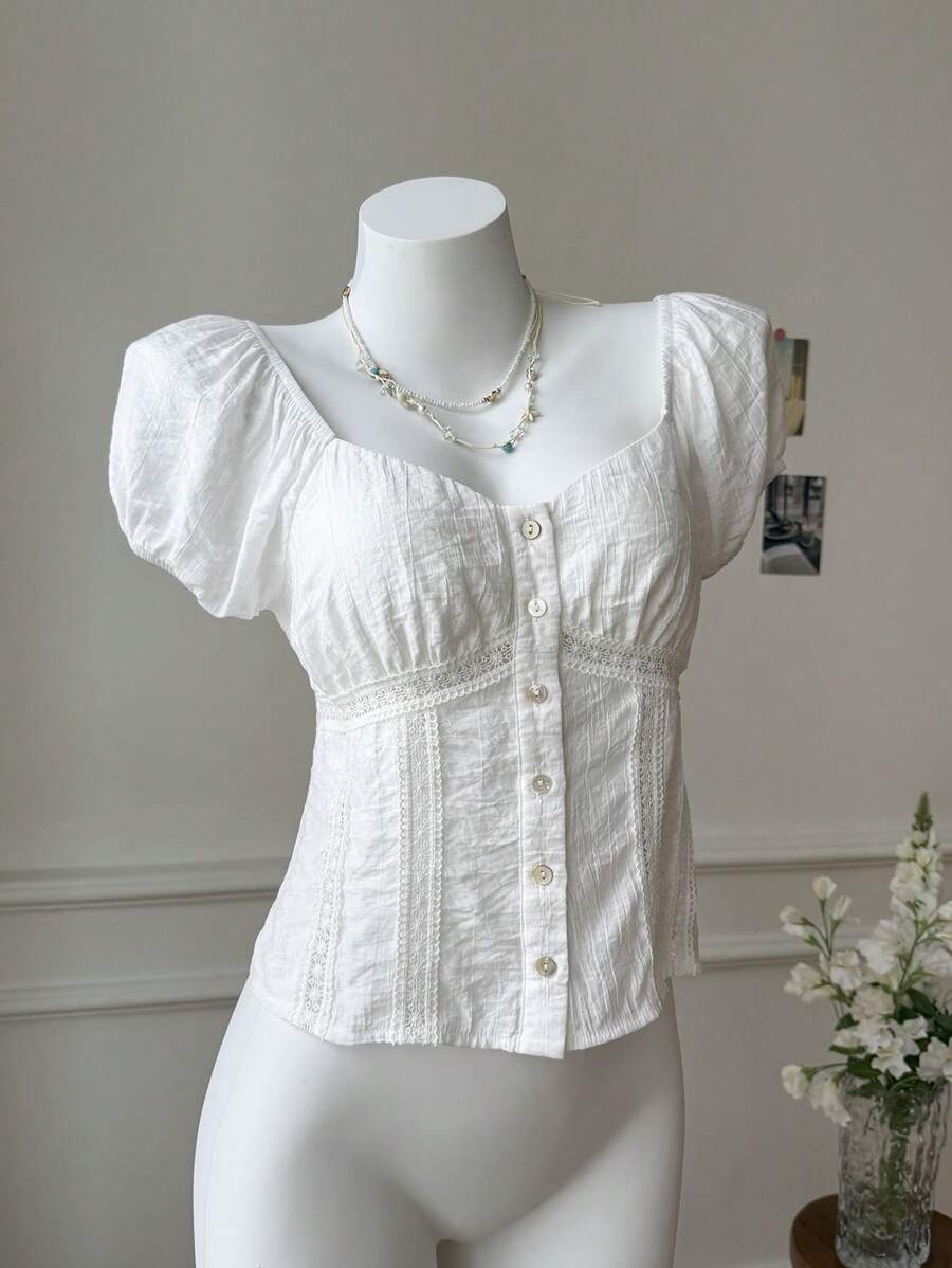 Comfortcana Áo sơ mi tay ngắn cổ chữ V phối hoa, cỡ lớn, thích hợp cho mùa hè. - trắng - Xem 1