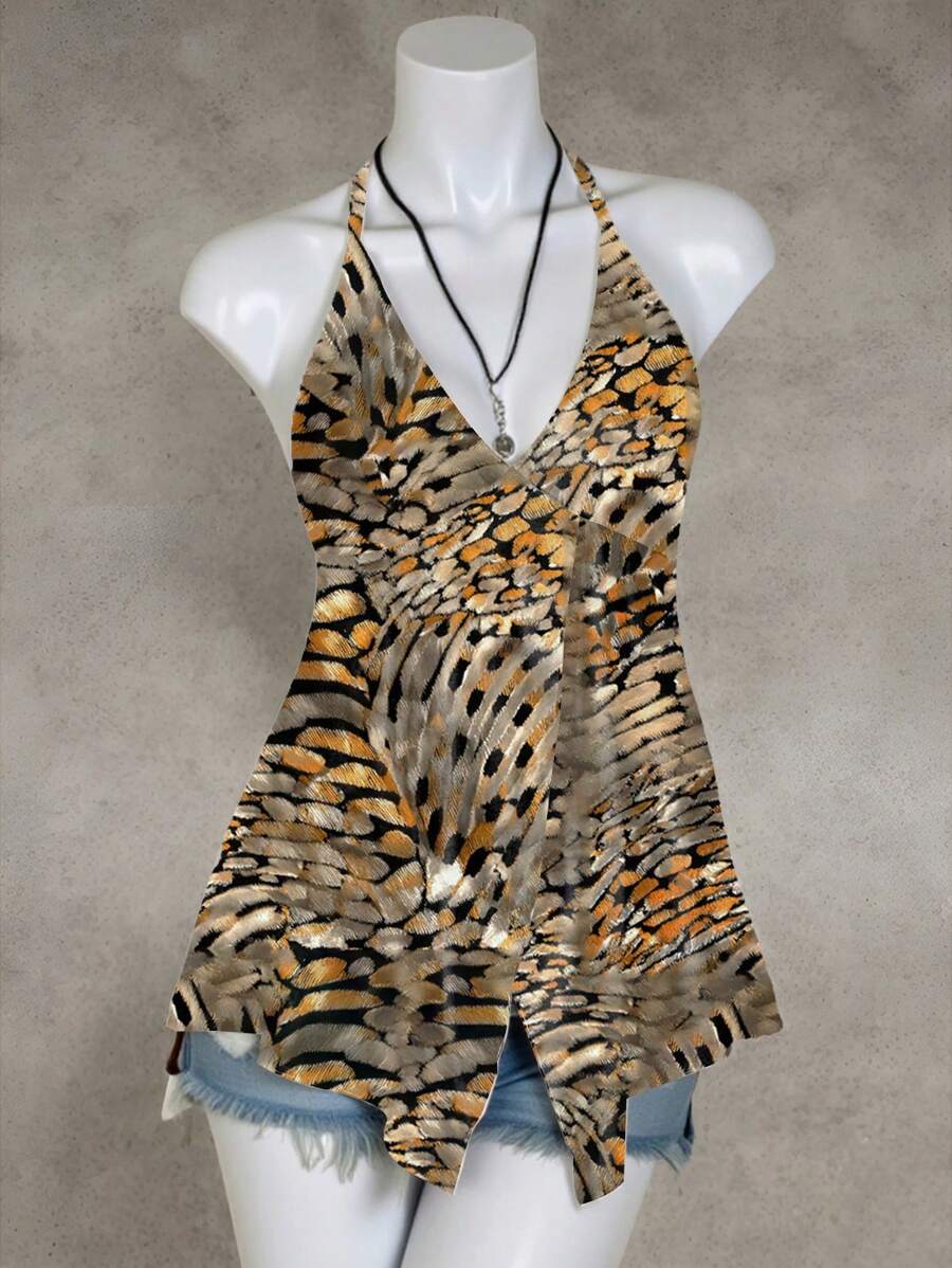 Shutterstock Atasan Cami Leher Halter Wanita Motif Vintage, Kupu-kupu, dan Daun Pudar, Cocok untuk Musim Panas, Liburan, dan Festival Musik - MultiWarna - View 1