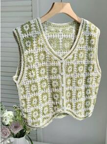 Comfortcana 女士花卉印花单排扣V领休闲针织背心秋冬外出上衣 - 綠色 - 查看 5