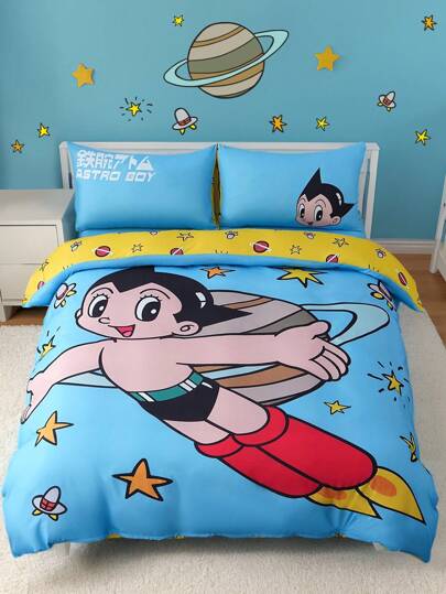 Astro Boy X SHEIN 3pcs Cartoon Pattern Bedding Set, Brushed Fabric, Soft & Warm, Suitable For Twin/Full/Queen/King Size Beds