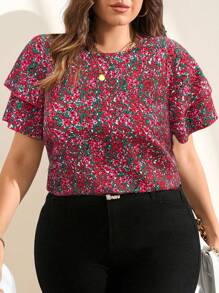 SHEIN Clasi Elegante Bluse mit Rüschen und Blümchen Muster in Große Größen, Urlaubsstil, Sommer für Frauen, Sommerbluse, züchtige Frauen, Blümchen, lustig, geeignet für eleganten Alltags-Look, Urlaubsfrau, Sommer für Frauen, Business-Casual-Frau, Ausgehoberteil für Frauen, Büromode für Frauen, Frühling für Frauen, Festival, Old Money, Kurzarmbluse für Frauen, elegante Frau, züchtige Frauen, Lässig-Oberteil für Frauen, Frühlingsferien, St. Patrick''s Day - Verschiedenfarbig - Übersicht 6