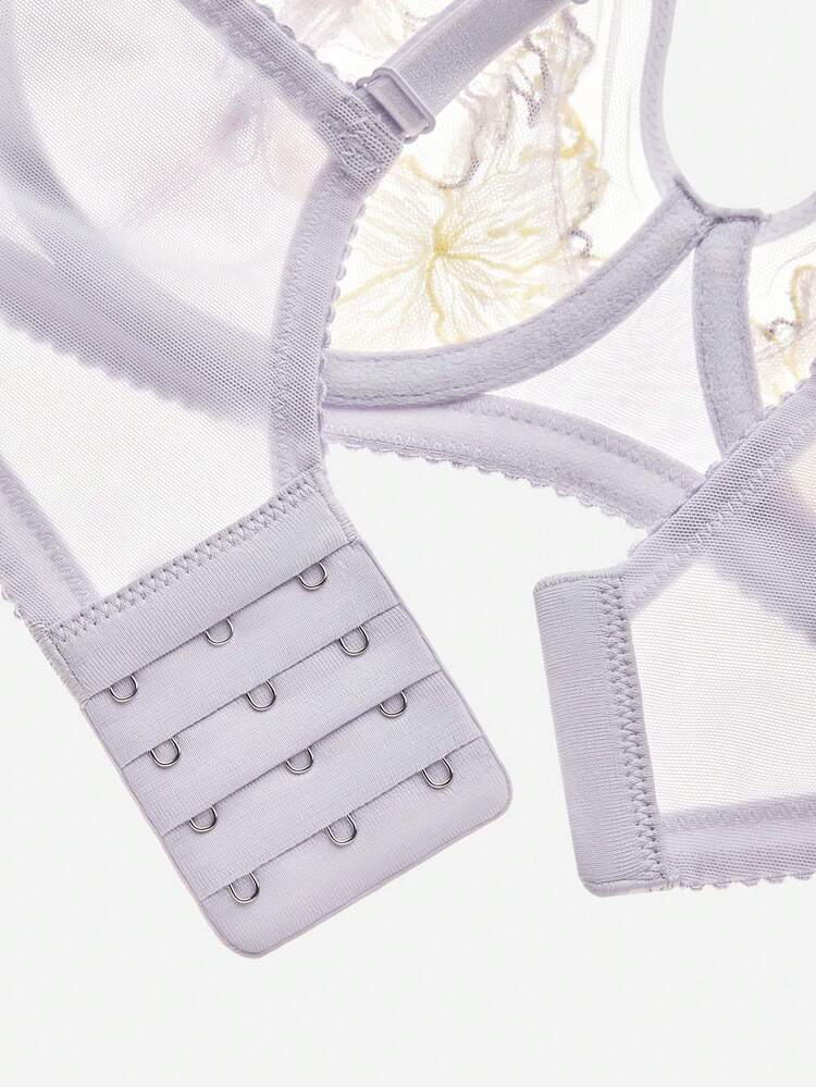 Sutiã Plus Woman Elegância Bordada Cobertura Total Push-up e Respirável com Arame, Sexy, Sem Forro, Tule e Renda, Roxo, Minimizador, Lingerie Íntima Nupcial, Sutiã de Casamento