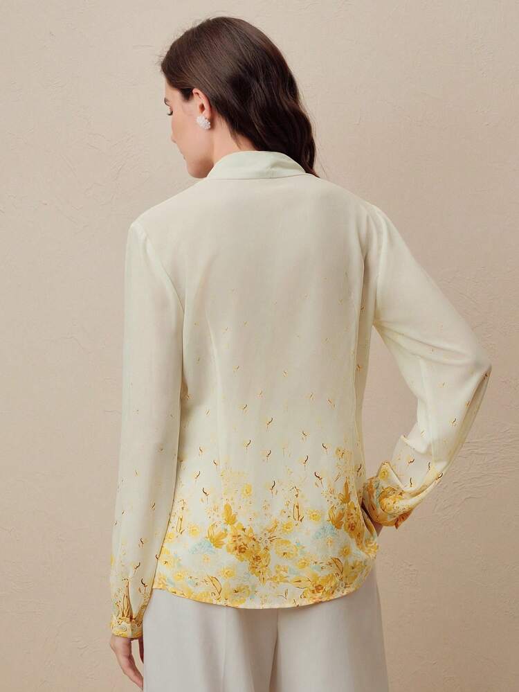 New Spring Women Casual Bow Decor Elegant Printed Long Sleeve Blouse
