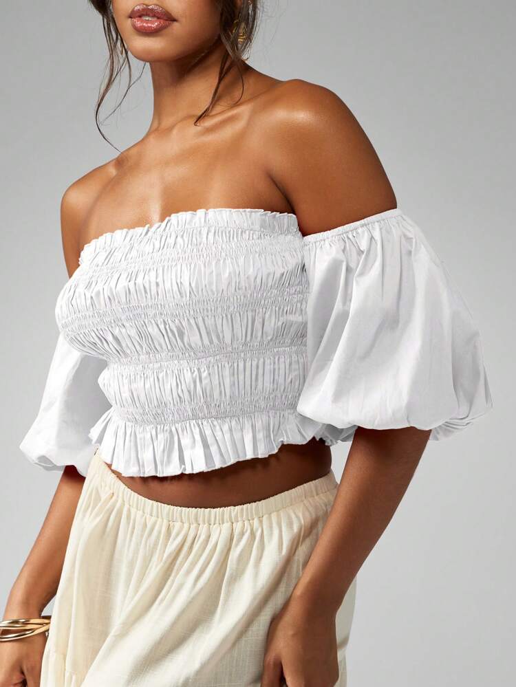 MISSGUIDED Shirred Ruched Puff Sleeve Off Shoulder Crop Blouse