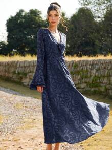 Chiquease Young Women's Romantic Vacation Dress, Pink V-Neck Cutout Chest Tie Waist Long Sleeve Patchwork Ruffle Hem Dress Fall Cloth For Women - Navy Blue - View 7