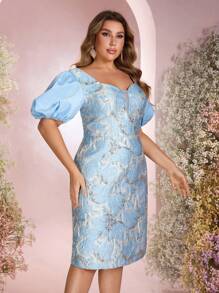 SHEIN Belle 加大码优雅浪漫海军蓝深 V 心形领缎面提花拼布泡泡袖婚纱，适合派对穿着 - 藍色 - 查看 5