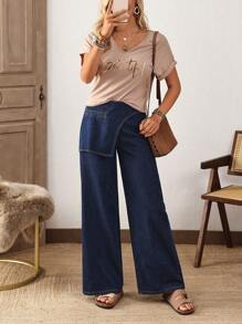 EMERY ROSE Jeans décontractés à jambes larges de mode croisé unicolore pour femmes - Bleu azur - Voir 6