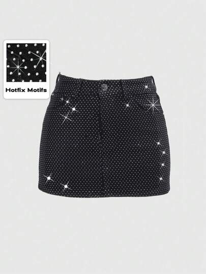 ROMWE Avant Women's Summer Fashion Rhinestone Studded Denim Mini Skirt