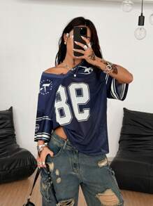 Coolane Women's Spring/Summer Festival Going Out Streetwear Vintage Breathable Mesh Number Pattern Graphics Baseball Jersey Blue  Jersey T-Shirt - Navy Blue - View 3