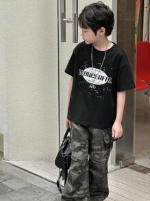 DAZY Camiseta de manga corta de cuello redondo con estampado de letras informal para niños preadolescentes, ropa de verano y de vuelta al colegio