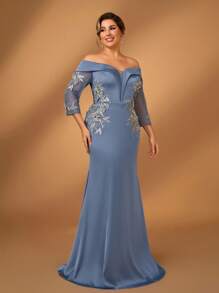 Serin 加大码优雅简约深灰色露肩透视七分袖奢华贴花装饰鱼尾下摆礼服，新娘母亲礼服