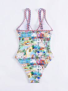 Swim Vcay New Fashion Random Printed Backless One-Piece Swimsuit For Women, Sexy Spaghetti Strap Casual Holiday Swimwear For Summer Beach Vacation