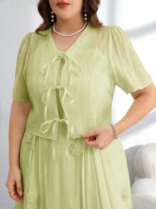 Modelyn Women 2Pcs Set: Chiffon Short Sleeve Tie Strap Jacket + Floral Decor Camisole Dress, French Elegant Style - Green - View 3