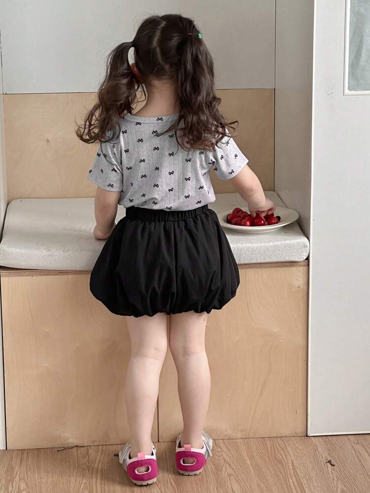 2pcs/Set Young Girls Round Neck Bowknot Print T-Shirt & Shorts Outfit,Girls Summer Outfits