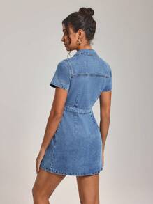 SHEIN Tall Women's Front Button Fitted Short Sleeve Denim Dresses - Blue - View 2