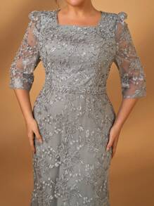 Serin Plus Size Elegant Romantic Heavy-Embellished Navy Blue Beaded Rhinestone Mid-Sleeve Lace Fabric Mermaid-Style Formal Gown, Suitable For Prom, Banquet, Mother Of The Bride Dress