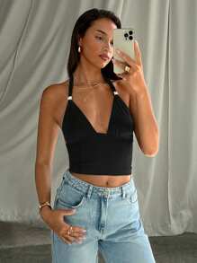 Aloruh Women's Simple Solid Color Sleeveless Knit Halter Neck Tank Top, Casual Daily Wear - Black - View 7