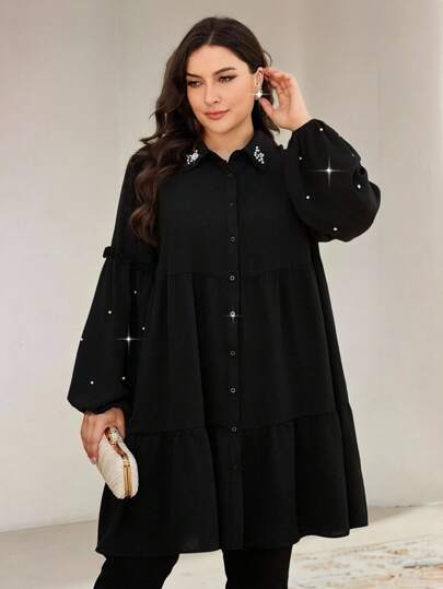 Veilorie Plus Size Solid Color Long Sleeve Casual Shirt, Suitable For Summer Plus Size Christmas