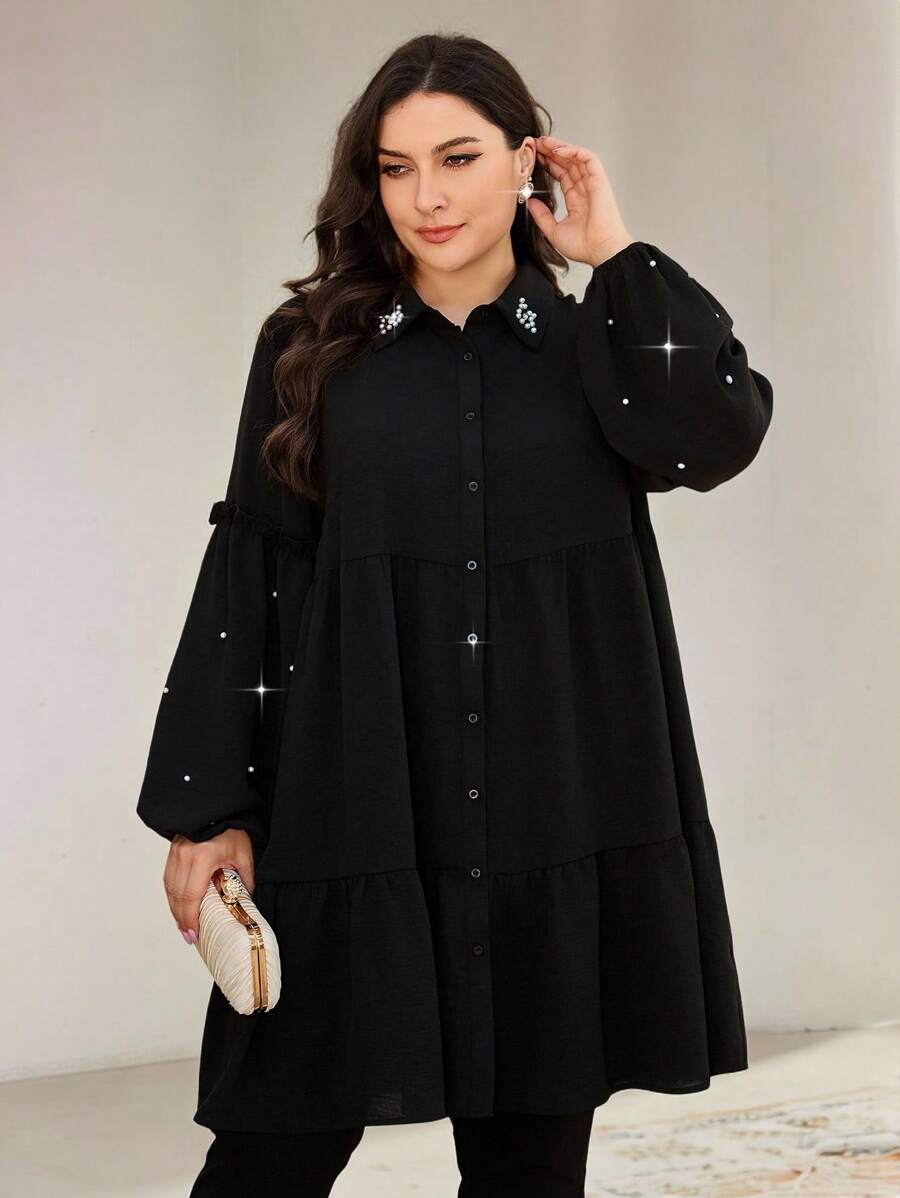 Veilorie Plus Size Solid Color Long Sleeve Casual Shirt, Suitable For Summer Plus Size Christmas - Black - View 1