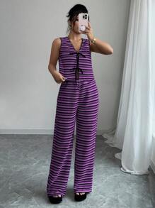 Elenzga Setelan 2 Potong Wanita: Atasan Cami Bergaris dengan Tali Depan dan Celana Panjang, Musim Panas - Purple - View 7