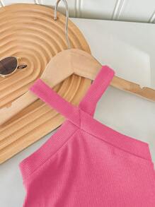 SHEIN 2pcs/Pack Young Girl Cold-Shoulder Ribbed Form-Fitting Camisole, Multi-Pack Basic Tank Tops - Mauve Purple - View 7