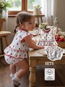 Vintaside Kids Baby Girl Summer Round Neck Drip Buckle Small Cap Sleeve Strawberry Print Top Paired With Fashionable And Cute Strawberry Print Bottoms Set - White - View 1